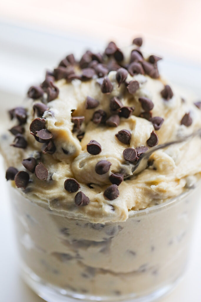 chocolate chip cookie dough in glass cup