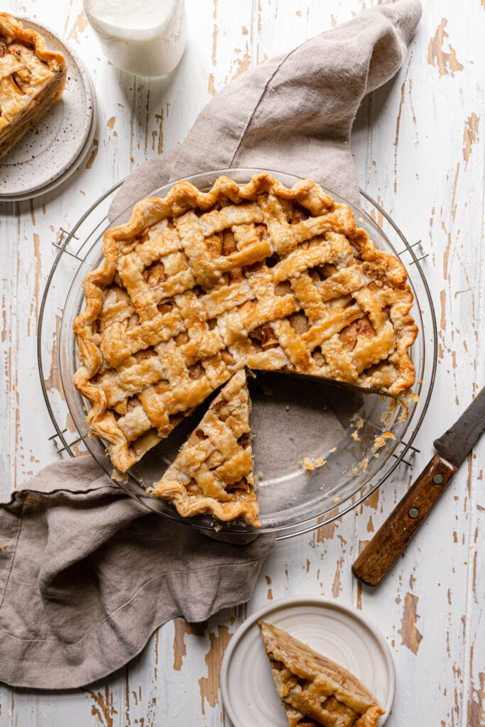 sliced apple pie with two missing pieces