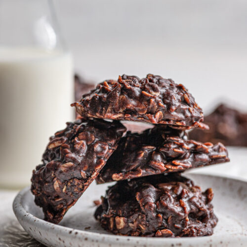 stack of no bake cookies on grey plate