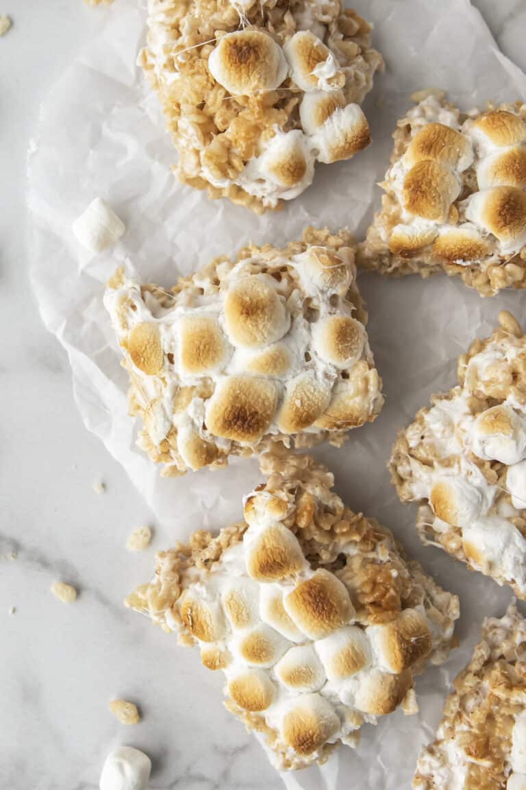 brown butter rice krispie treats on parchment paper
