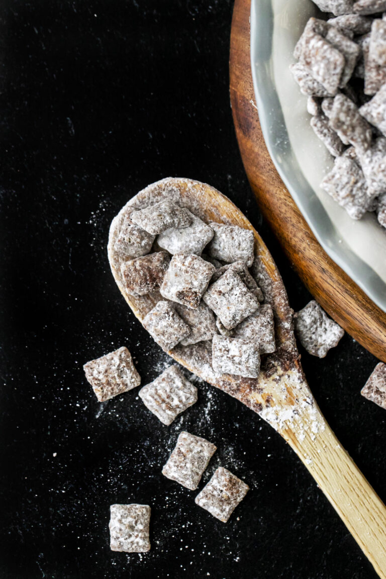muddy buddies in a wooden spoon