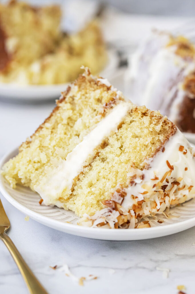 close up of a slice of coconut cake