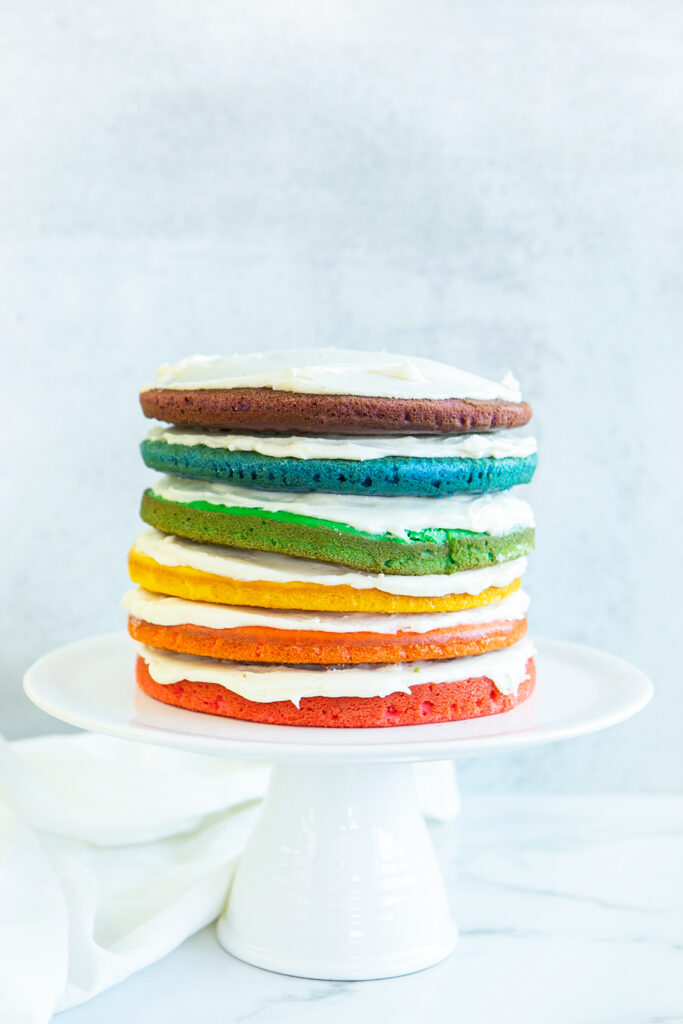 stacked cake layers with frosting in-between