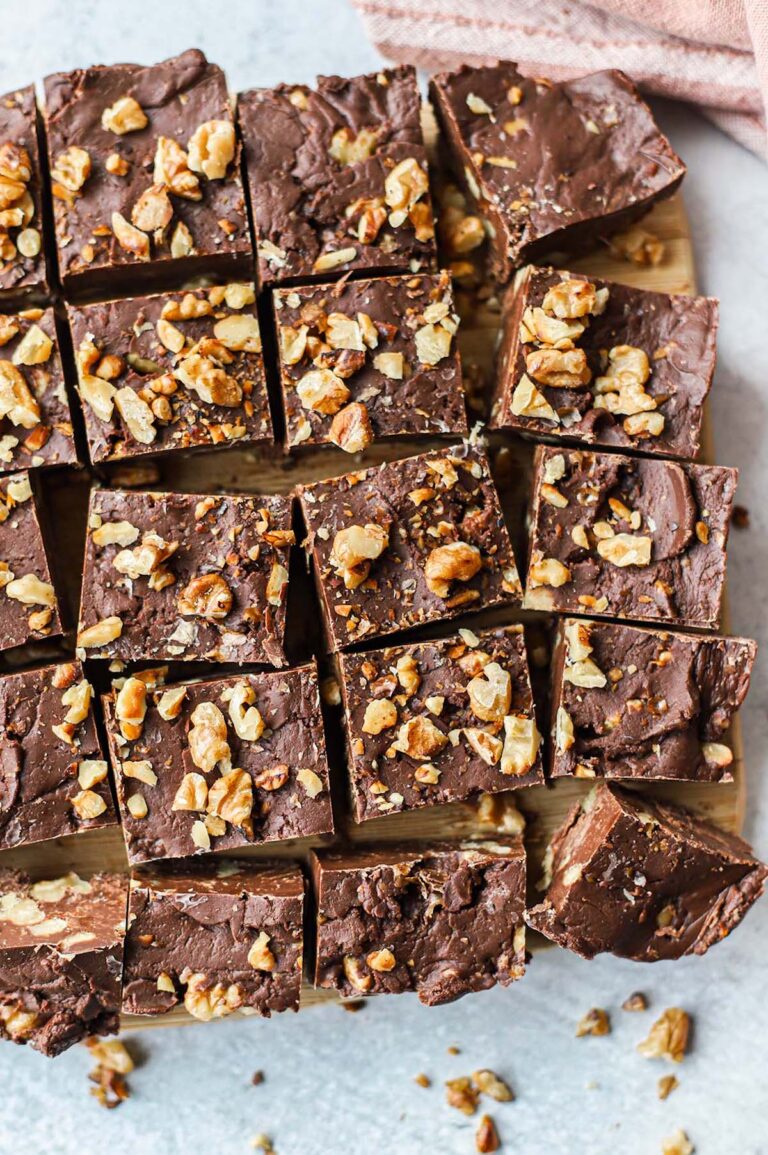 microwave fudge cut up with walnuts on top