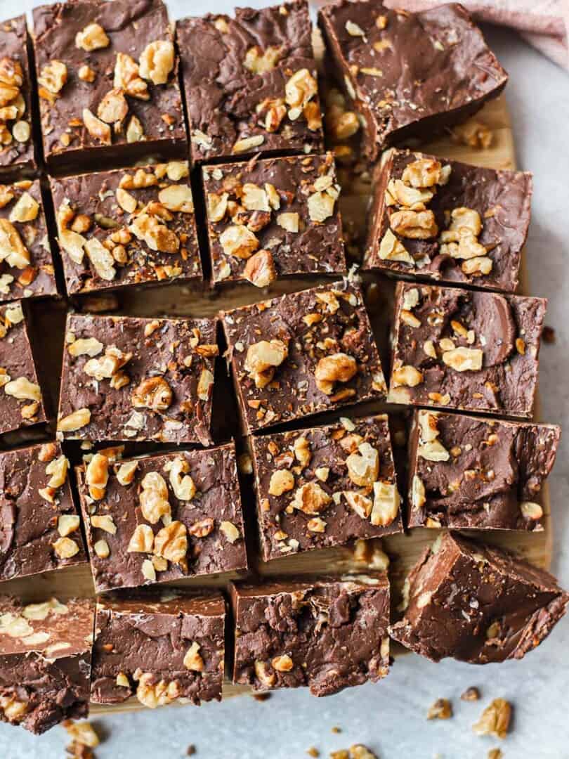 microwave fudge cut up with walnuts on top