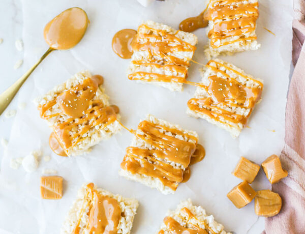 top down view of bars of salted caramel rice krispie treats
