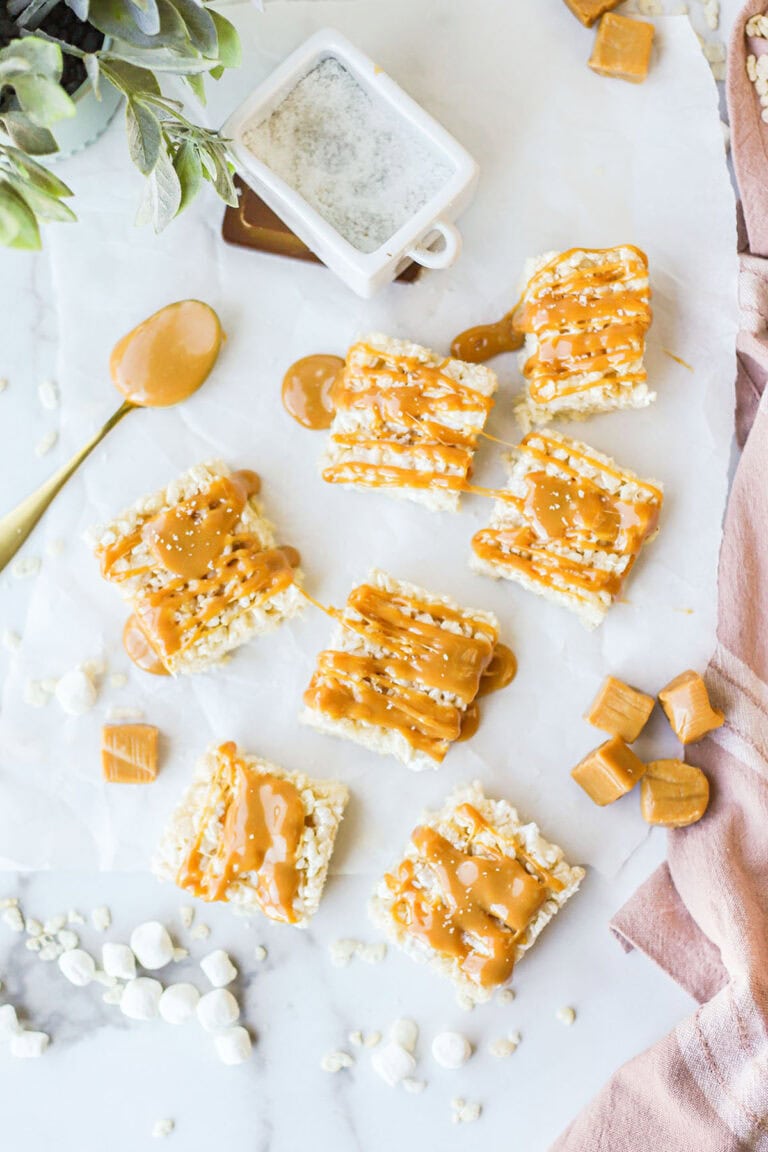 top down view of bars of salted caramel rice krispie treats