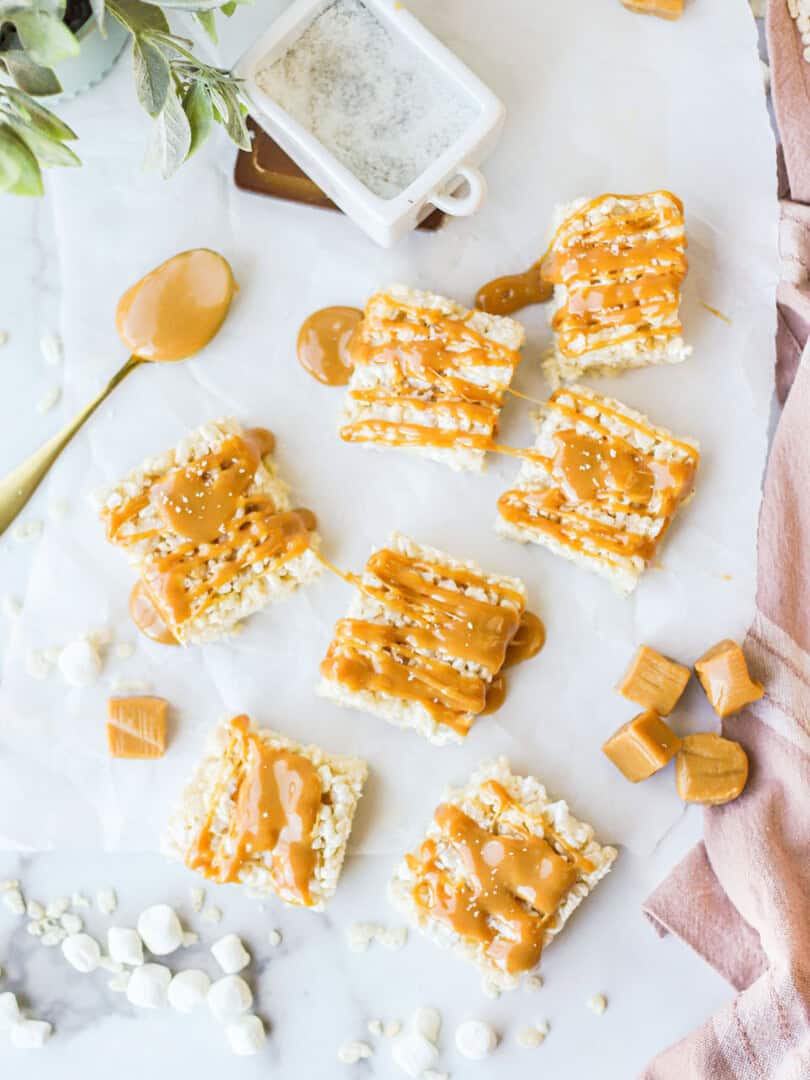 top down view of bars of salted caramel rice krispie treats