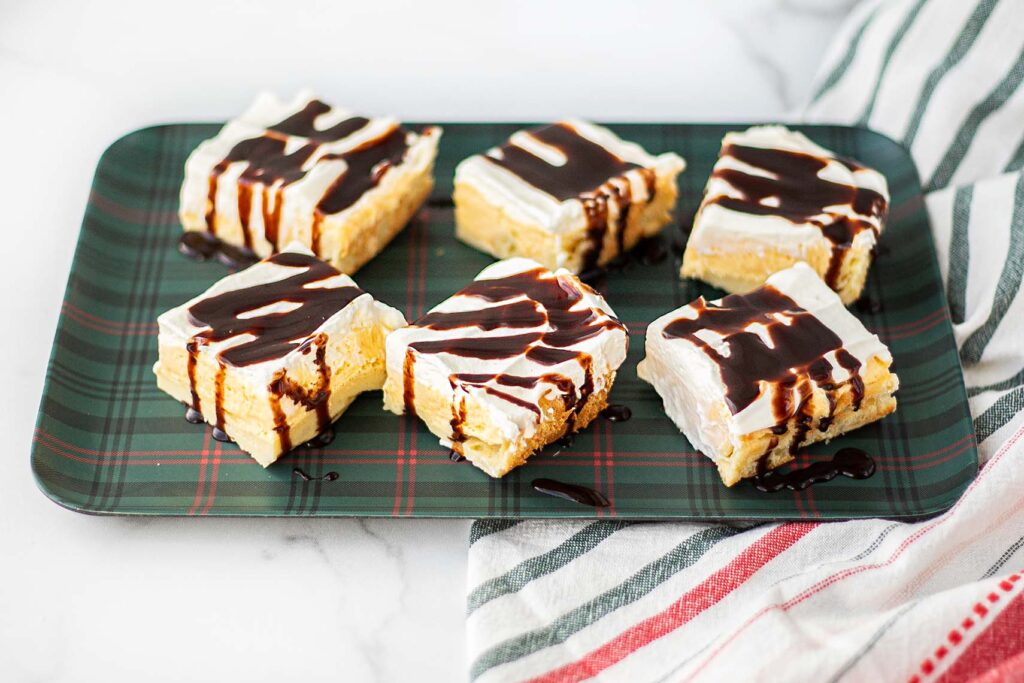 overhead view of slices of eggnog eclair cake
