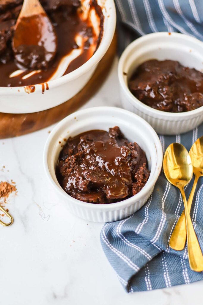 Overhead photo of chocolate cobbler in a ramekin