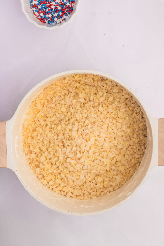 A pan filled with rice krispies