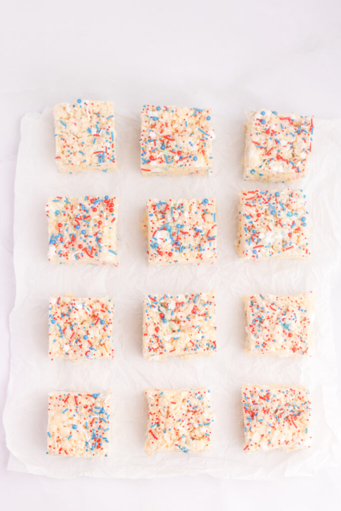 4th of july rice krispies treats on parchment paper.